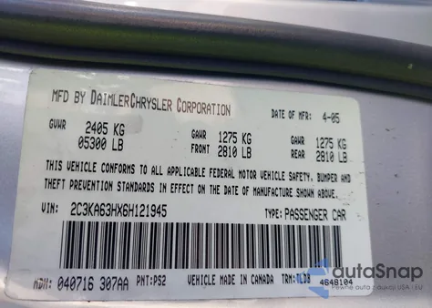 2006 Chrysler 300C z USA, uszkodzony, nr VIN 2C3KA63HX6H121945